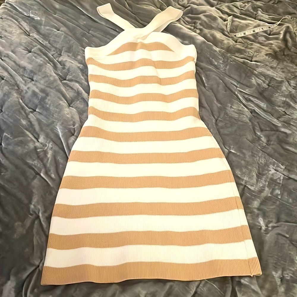 Babaton Sculpt Knit Criss Cross Cream and Tan Bodycon Dress (Size XS)​​​​​​​